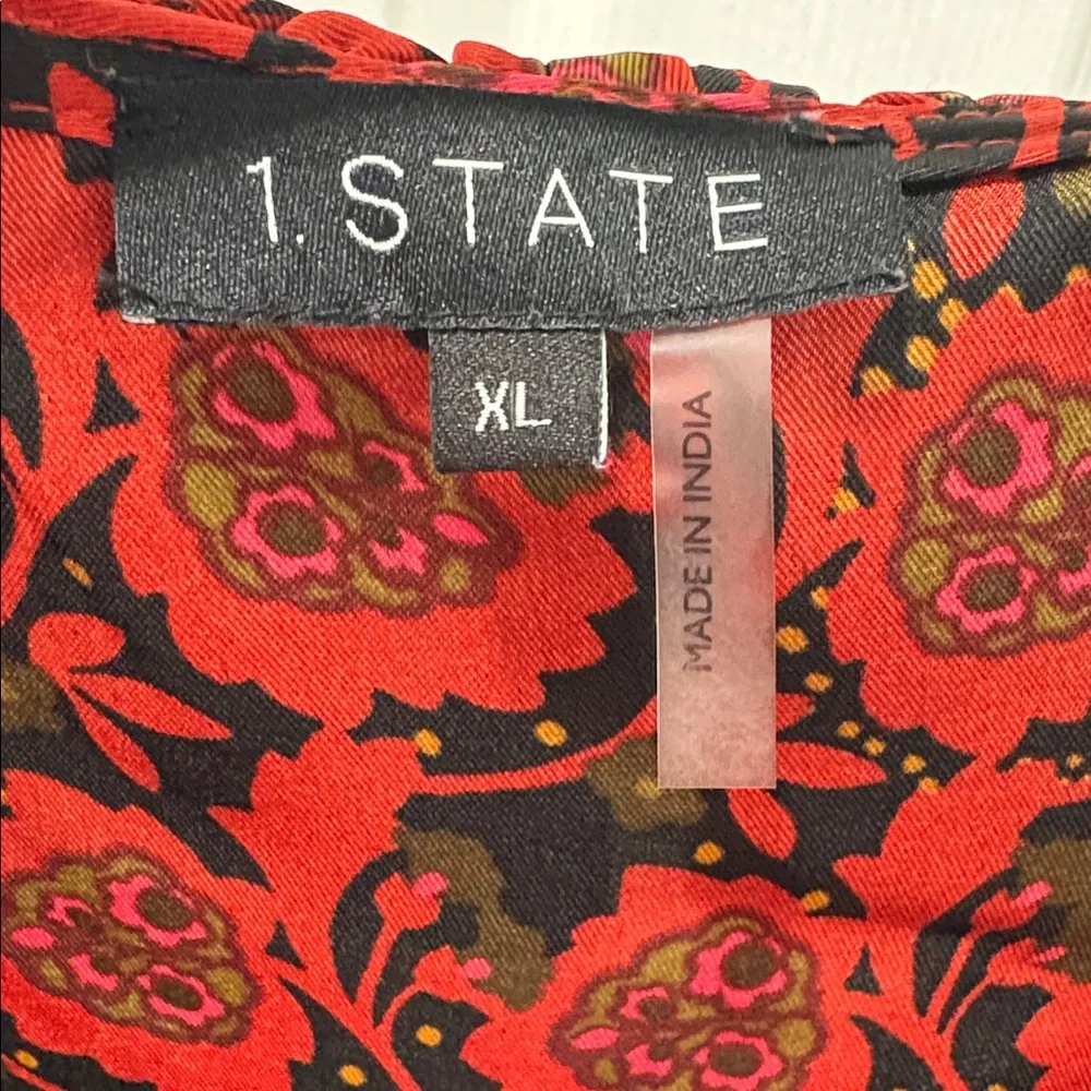 1. State Scarlet and Ebony Patterned Ruffle Blouse - Picture 8 of 13